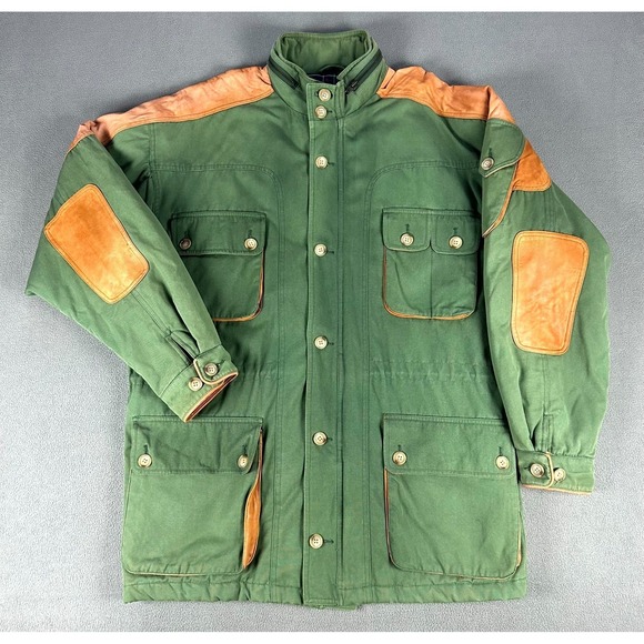 Willis Geiger Jacket Mens Large Green Leather Elbow Patch Field Chore Safari - Picture 4 of 16